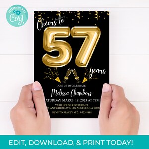 57th Birthday Invitation 57th Invite Black Gold Balloons Invitation, Editable 57 Years Printable Instant Download, DIY
