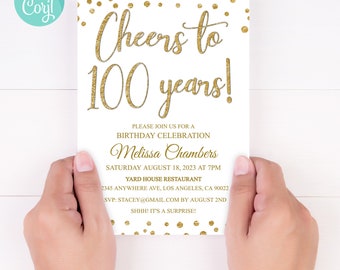 100th Birthday Invitation 100th Invite Gold Glitter Invitation, Cheers to 100 Years Printable Instant Download, Any Age