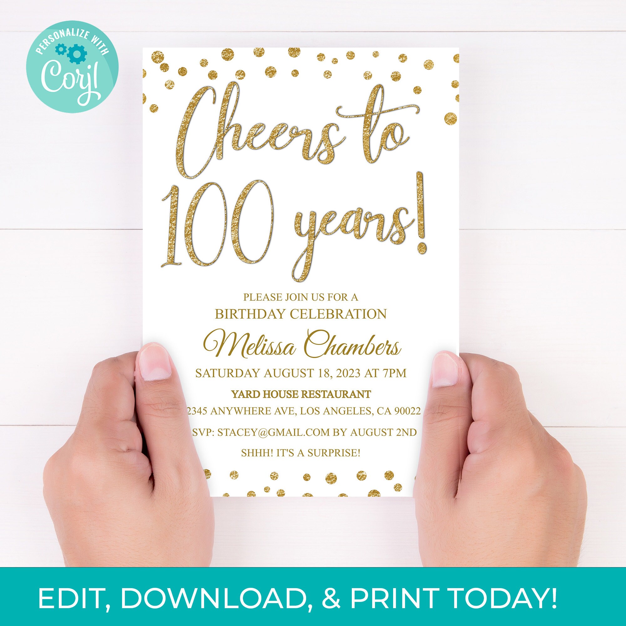 100th Birthday Invitation 100th Invite Gold Glitter Invitation, Editable 100 Years Printable Instant Download, DIY - Etsy for Free Printable 100th Birthday Invitation Templates