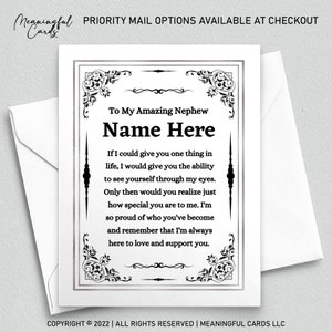 Carte personnalisée pour neveu de tante oncle, carte sentimentale personnalisable pour neveu avec un message significatif