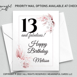 Carte d'anniversaire personnalisée pour 13 ans, carte d'anniversaire personnalisée 13 et fabuleuse, carte d'anniversaire bohème, carte d'anniversaire personnalisée