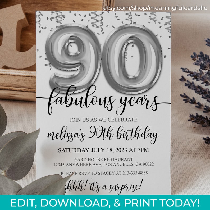90th Birthday Editable Invitation 90th Invite Silver Balloons Party ...