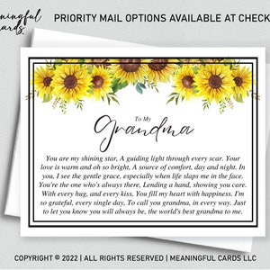 Carte sentimentale pour carte poème fête des mères grand-mère, cadeau attentionné pour carte d'anniversaire grand-mère, mamie, memaw, Gigi, tournesols