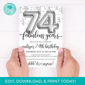 74th Birthday Editable Invitation 74th Invite Silver Balloons Party, For Him or Her Instant Download Printable, Editable DIY