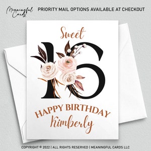Carte de 16e anniversaire personnalisée avec nom, carte d'anniversaire douce seize ans, carte de seizième anniversaire, carte florale bohème