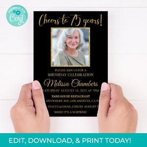 75th Birthday Invitation with Photo 75th Invite Black Gold Digital Invitation Picture, Editable 75 Years Printable Download, DIY