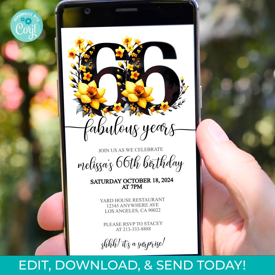 Editable 66th Birthday Invitation Template, DIY 66th Birthday Party
