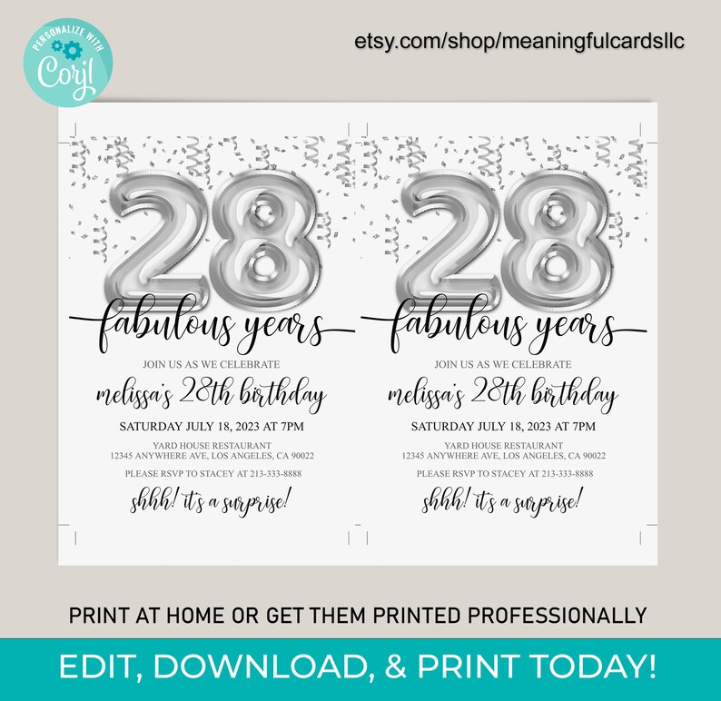 28th Birthday Invitation, Silver Balloons, Editable Template (digital ...