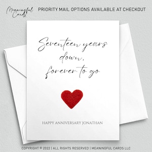 Seventeenth anniversary card, seventeen years down forever to go, personalized anniversary card for him, anniversary card for her, 17th