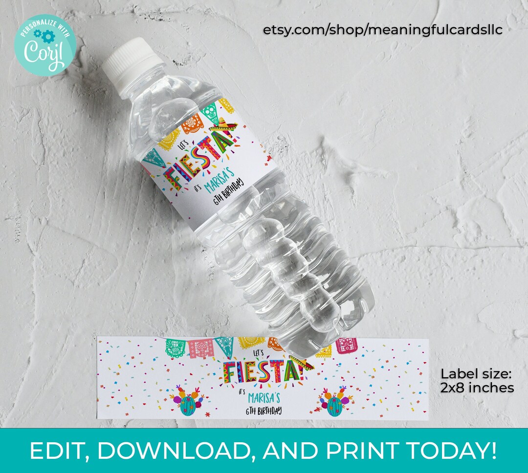 Editable Fiesta Water Bottle Labels Mexican Birthday Party Cactus ...