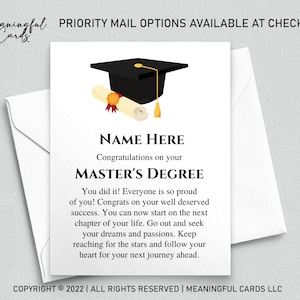 Cadeau personnalisé pour l'obtention d'un diplôme de maîtrise - Cadeau pour diplômé MA MBA - Carte de vœux personnalisée - Carte de remise de diplôme personnalisée