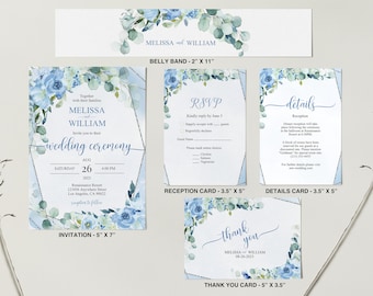 Dusty Blue Floral Wedding Invitation Set (Printable Template)