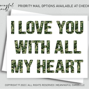 Tu me manques carte déploiement militaire, je t'aime de tout mon coeur lettres de camouflage, soldat déployé