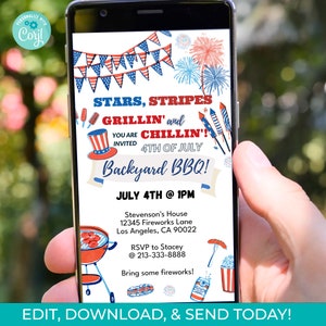 Editable 4th of July BBQ Digital Invitation Template, Electronic Invite July 4th Barbecue Invite, Independence Day Digital Phone Invitation