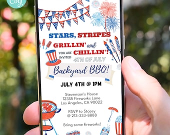May include: A digital invitation for a 4th of July backyard BBQ. The invitation features red, white, and blue stars, stripes, and fireworks. The text reads "Stars, Stripes, Grillin' and Chillin'!", "You are invited 4th of July Backyard BBQ!" and "July 4th @ 1pm".
