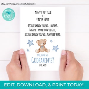 Download editável você será meu padrinho para impressão, cartão de madrinha, proposta de madrinha, download instantâneo, poema de madrinha, urso azul