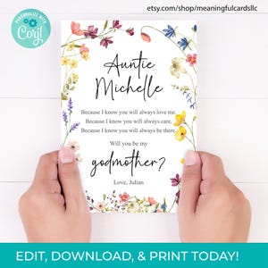 Você será minha madrinha editável para download para impressão, download instantâneo da proposta da madrinha de flores silvestres, download do poema da madrinha