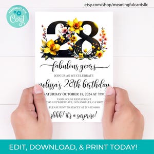 Floral 28th Birthday Invitation Template: Elegant Printable (Digital Download)