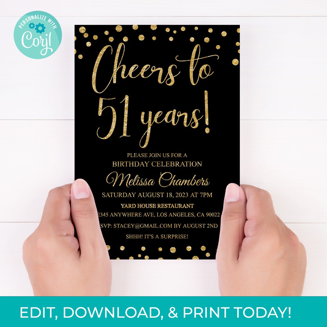 51st Birthday Invitation 51st Invite Black Gold Glitter Invitation ...