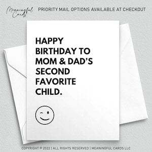 Carte d'anniversaire sarcastique, carte d'anniversaire frère grossier, carte d'anniversaire soeur sarcastique, deuxième enfant préféré de maman et papa, carte d'anniversaire hilarante