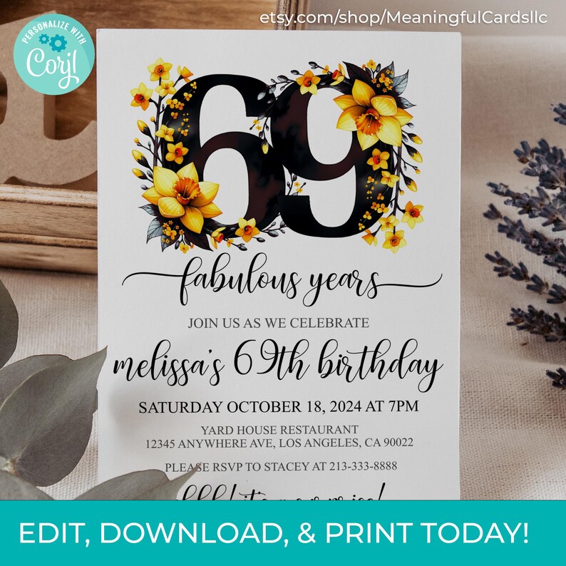 Elegant Floral 69th Birthday Invitation Template (digital Download) - Etsy