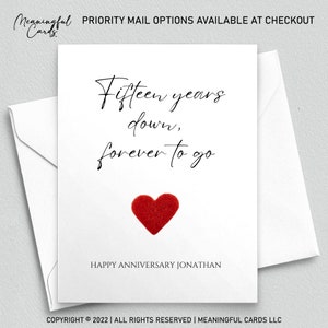 Fifteenth anniversary card, fifteen years down forever to go, personalized anniversary card for him, anniversary card for her, 15th