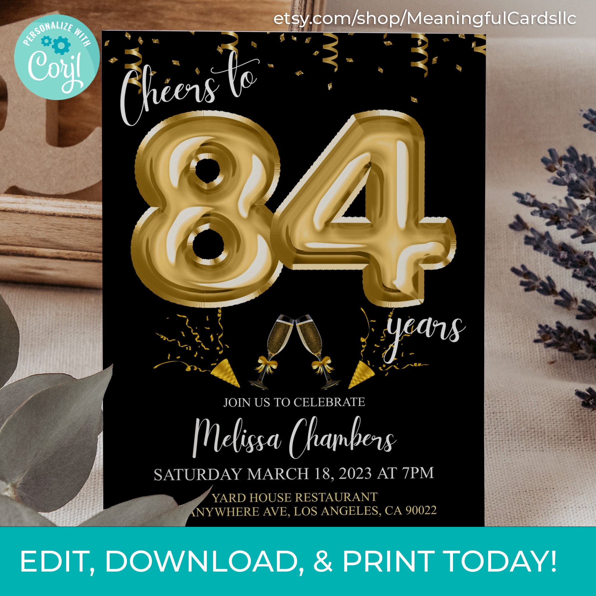 84th Birthday Invitation, Black and Gold Balloons (digital Download) - Etsy