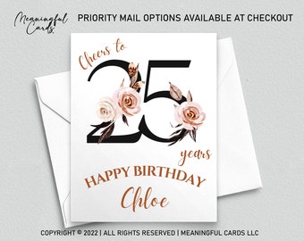 25th Birthday Card Personalized Birthday Card, Cheers to 25 Years Custom Birthday Card, Boho Birthday Card, White Pink Brown