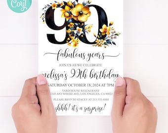 Elegant Floral 90th Birthday Invitation Template (Digital Download)
