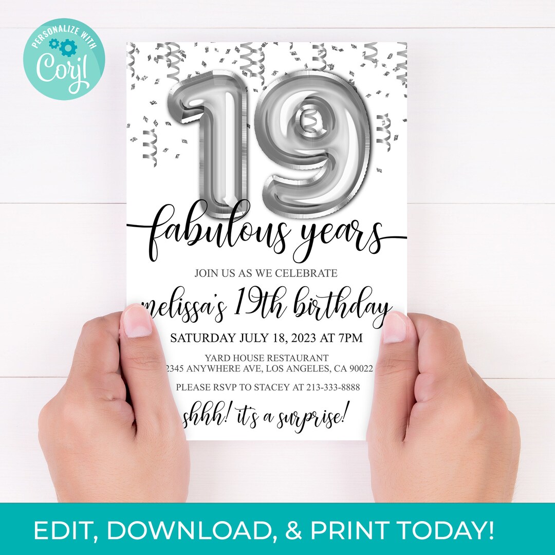 19th Birthday Editable Invitation 19th Invite Silver Balloons Party ...