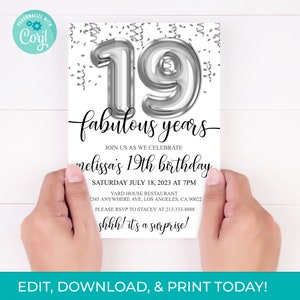 19th Birthday Editable Invitation 19th Invite Silver Balloons Party, For Him or Her Instant Download Printable, Editable DIY
