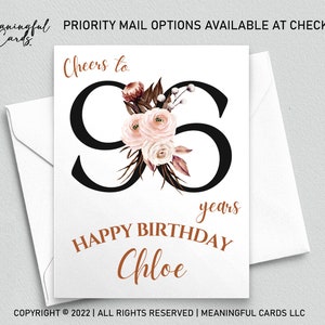96th Birthday Card Personalized Birthday Card, Cheers to 96 Years Custom Birthday Card, Boho Birthday Card, Customized Birthday Card