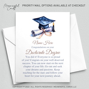 Cadeau personnalisé pour l'obtention d'un diplôme de doctorat - Cadeau d'obtention du diplôme de doctorat - Carte de voeux personnalisée - Carte de remise de diplôme personnalisée