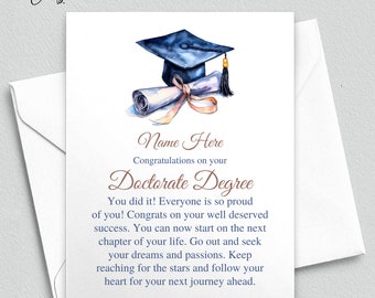 Personalized Doctorate Degree Graduation Gift - PHD Graduate Gift - Thoughtful Message Card - Customized Graduation Card