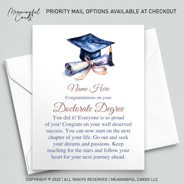 Personalized Doctorate Degree Graduation Gift - PHD Graduate Gift - Thoughtful Message Card - Customized Graduation Card