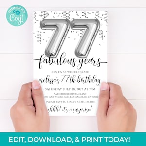 77th Birthday Editable Invitation 77th Invite Silver Balloons Party, For Him or Her Instant Download Printable, Editable DIY