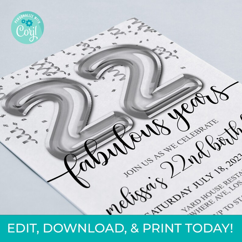 22nd Birthday Invitation, Silver Balloons, Editable Party Invite ...