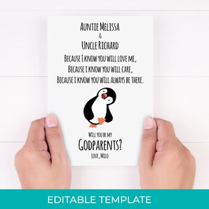 Download editável você será meu padrinho para impressão, cartão de madrinha, download instantâneo de proposta de madrinha, poema de madrinha pinguim