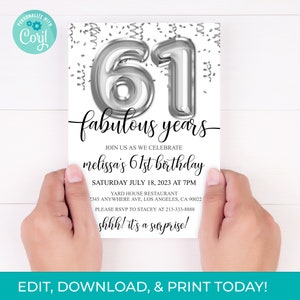 61st Birthday Editable Invitation 61st Invite Silver Balloons Party, For Him or Her Instant Download Printable, Editable DIY