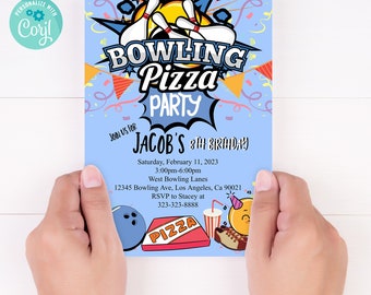 Editable Bowling Birthday Invitation Customizable Bowling Pizza Party Invite Instant Download Digital File