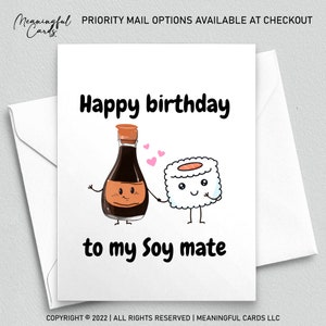 Carte d'anniversaire drôle de compagnon de soja pour l'amant de sushi, carte de joyeux anniversaire à mon compagnon d'amour de soja, sashimi, jeu de mots de cuisine japonaise
