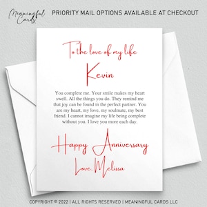 Carte d'anniversaire romantique personnalisée, carte d'anniversaire, À l'amour de ma vie, carte d'anniversaire de femme mari, premier anniversaire de mariage