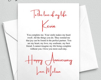 Personalized Romantic Anniversary card, Anniversary card, To the love of my life, Wife Husband Anniversary Card, First Wedding Anniversary