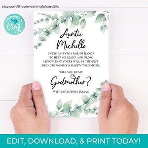 Tarjeta de madrina editable para imprimir y descargar, propuesta de madrina para descargar al instante, poema de madrina para descargar, vegetación.