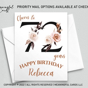 72nd Birthday Card Personalized Birthday Card, Cheers to 72 Years Custom Birthday Card, Boho Birthday Card, White Pink Brown