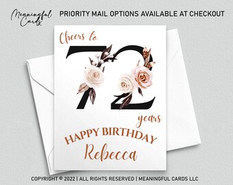 72nd Birthday Card, Personalized Floral Design, Custom Age