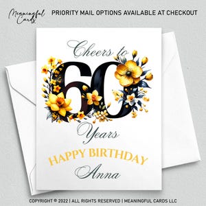 Conception florale personnalisée de carte de soixantième anniversaire, carte personnalisée de soixantième anniversaire avec des fleurs
