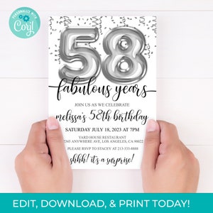 58th Birthday Editable Invitation 58th Invite Silver Balloons Party, For Him or Her Instant Download Printable, Editable DIY