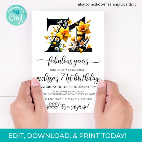 Elegant Floral 71st Birthday Invitation Template (digital Download