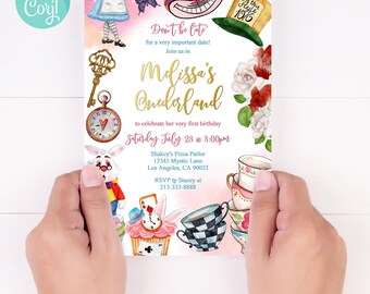 May include: A pink and white Alice in Wonderland themed birthday invitation with a watercolor illustration of Alice, the Cheshire Cat, the Mad Hatter, and other characters. The invitation is for a girl's first birthday party and includes the text "Melissa's Onederland" and "Saturday July 23 @ 3:00pm".